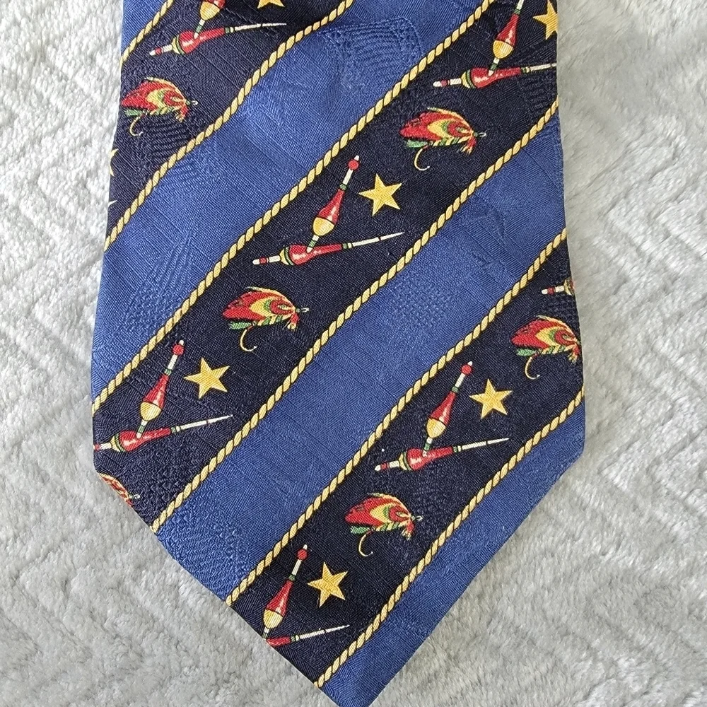 Pair Of Tommy Hilfiger Men’s Ties 100% Italian Silk Navy Gold Red Lures Stars